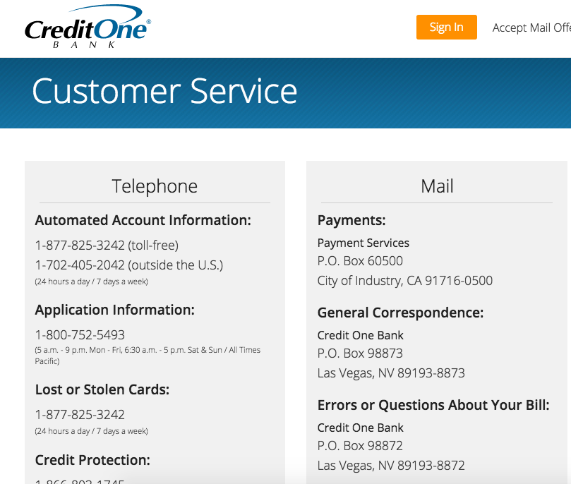 credit one credit card customer service number