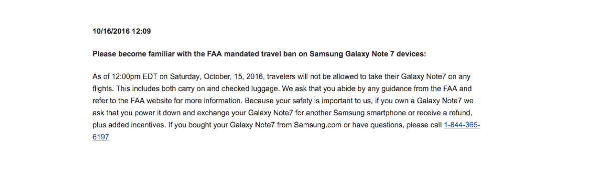FAA Bans Samsung Note7 Phones on Flights